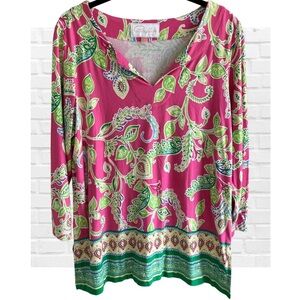 Pappagallo Pink Floral Paisley Split Neck Jersey Knit 3/4 Sleeve Tunic Size M